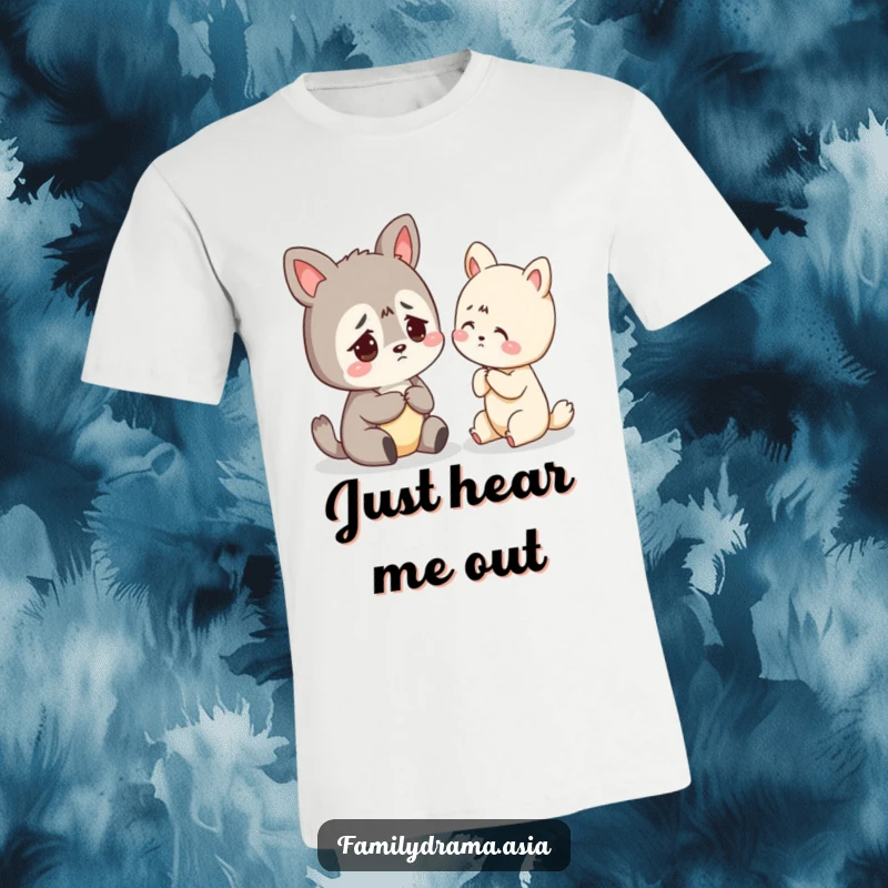 Funny t-shirt featuring a worried animal character receiving gentle advice from a supportive companion, conveying empathy.