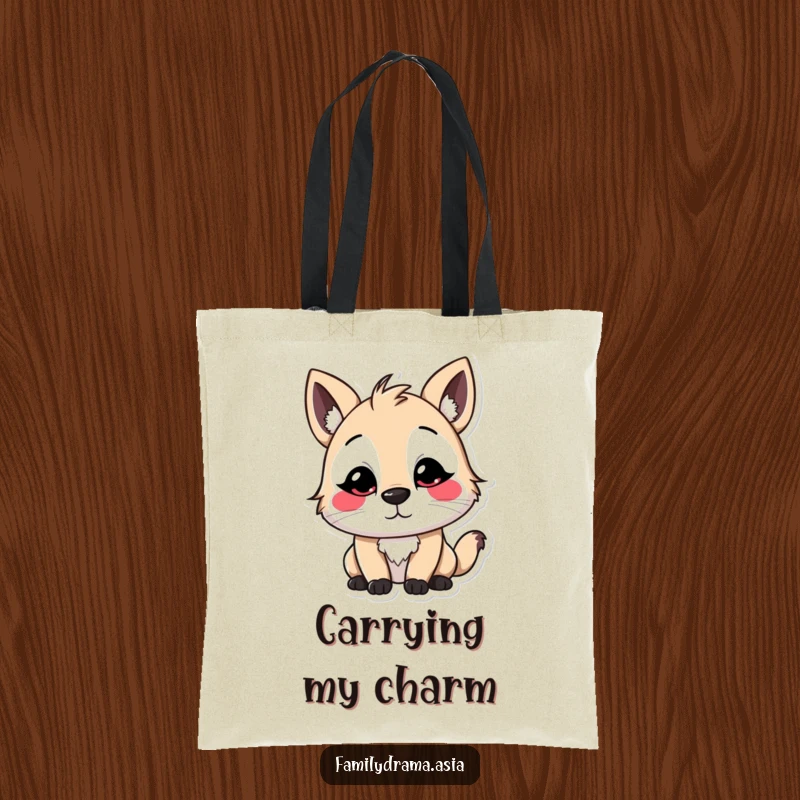 Funny Stylized Animal Tote Bag, a reusable bag showcasing a character with exaggerated, colorful facial markings making a slight, polite bow, perfect for carrying items.