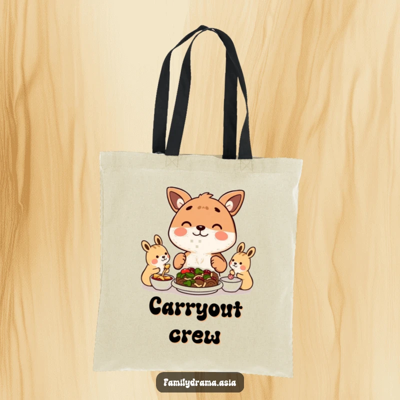 Funny tote bag with a happy animal character sharing a meal with others, celebrating friendship and food.