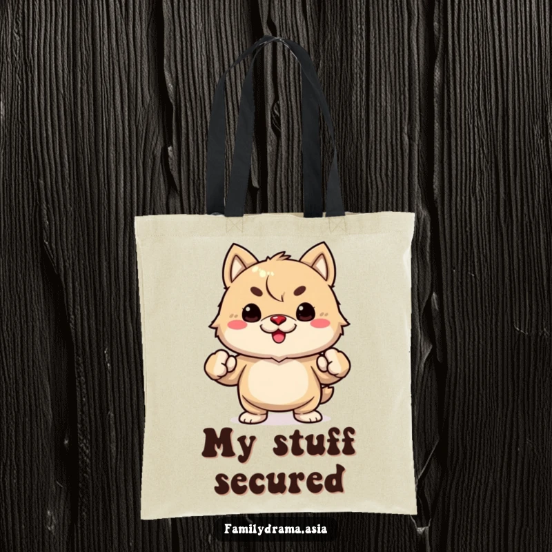 Funny tote bag featuring a determined fuzzy animal with clenched fists, ready for shopping and spreading humor.